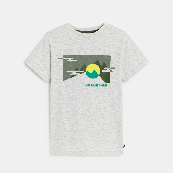 تيشيرت بأكمام قصيرة مطبوع عليه رسالة، اللون رمادي مرقط للأولاد